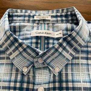 Calvin Klein Mens 2XL Short Sleeve Button Up‎ Shirt Cotton Blue White Collared